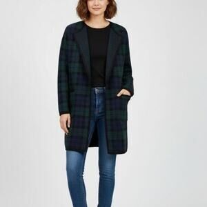 J. Crew Plaid Tartan Long Open Cardigan Sweater Green Blue Cozy Classic Winter S